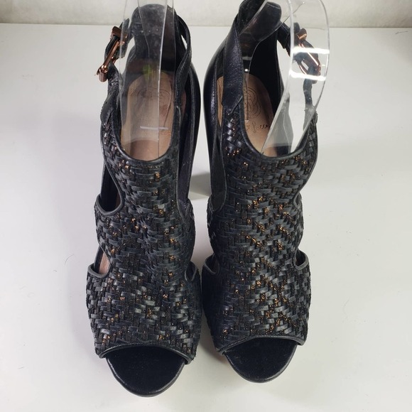 Elliot Lucca Bernadette Woven Leather T-Strap Heel 7.5 Black Sandal Ankle Buckle - Picture 2 of 13